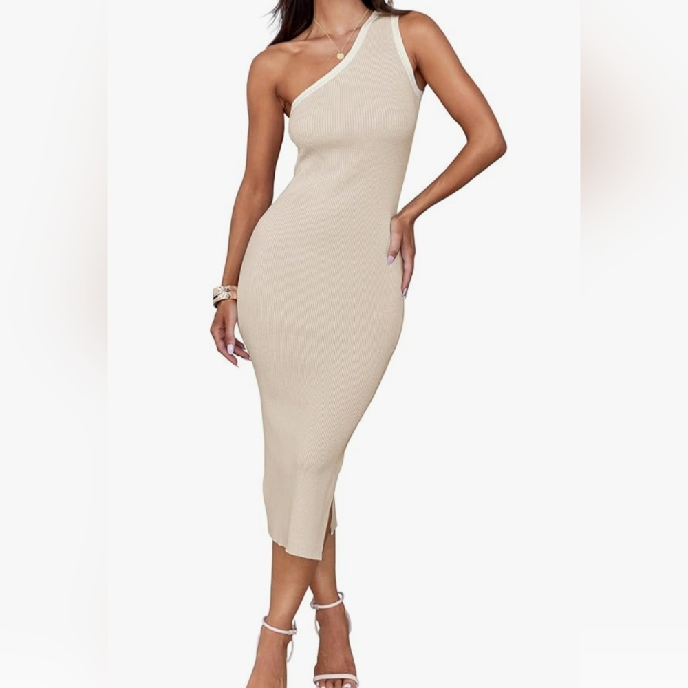 Zesica Cream Bodycon One Shoulder Ribbed Dress